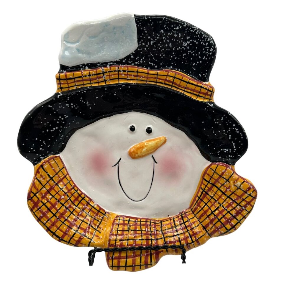Christmas Snowman Candy Dish Plate Ceramic Pottery Trinket Scarf Yellow Black